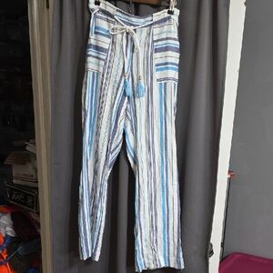 Beau Dawson Women's Linen Blend Striped Blue White Pants Elastic/Drawstring Sz M